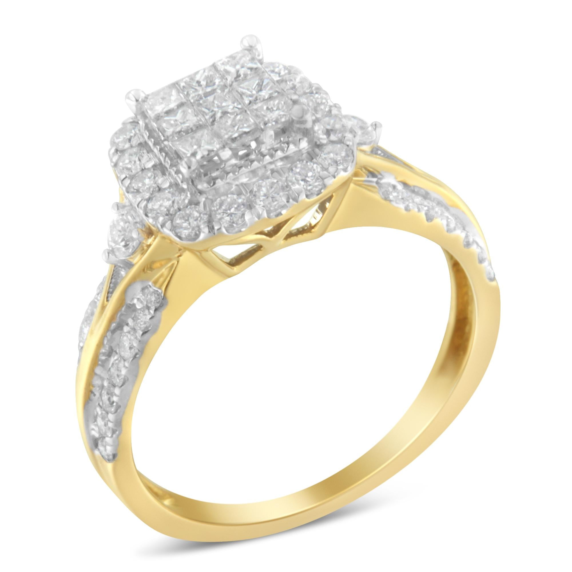 10K Yellow Gold 1.0 Cttw Diamond Composite Cushion-Shape Halo 3-Band-Look Engagement Ring (H-I Color, SI1-SI2 Clarity), Goodies N Stuff