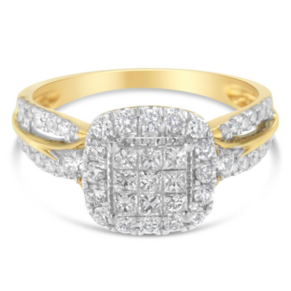 10K Yellow Gold 1.0 Cttw Diamond Composite Cushion-Shape Halo 3-Band-Look Engagement Ring (H-I Color, SI1-SI2 Clarity), Goodies N Stuff