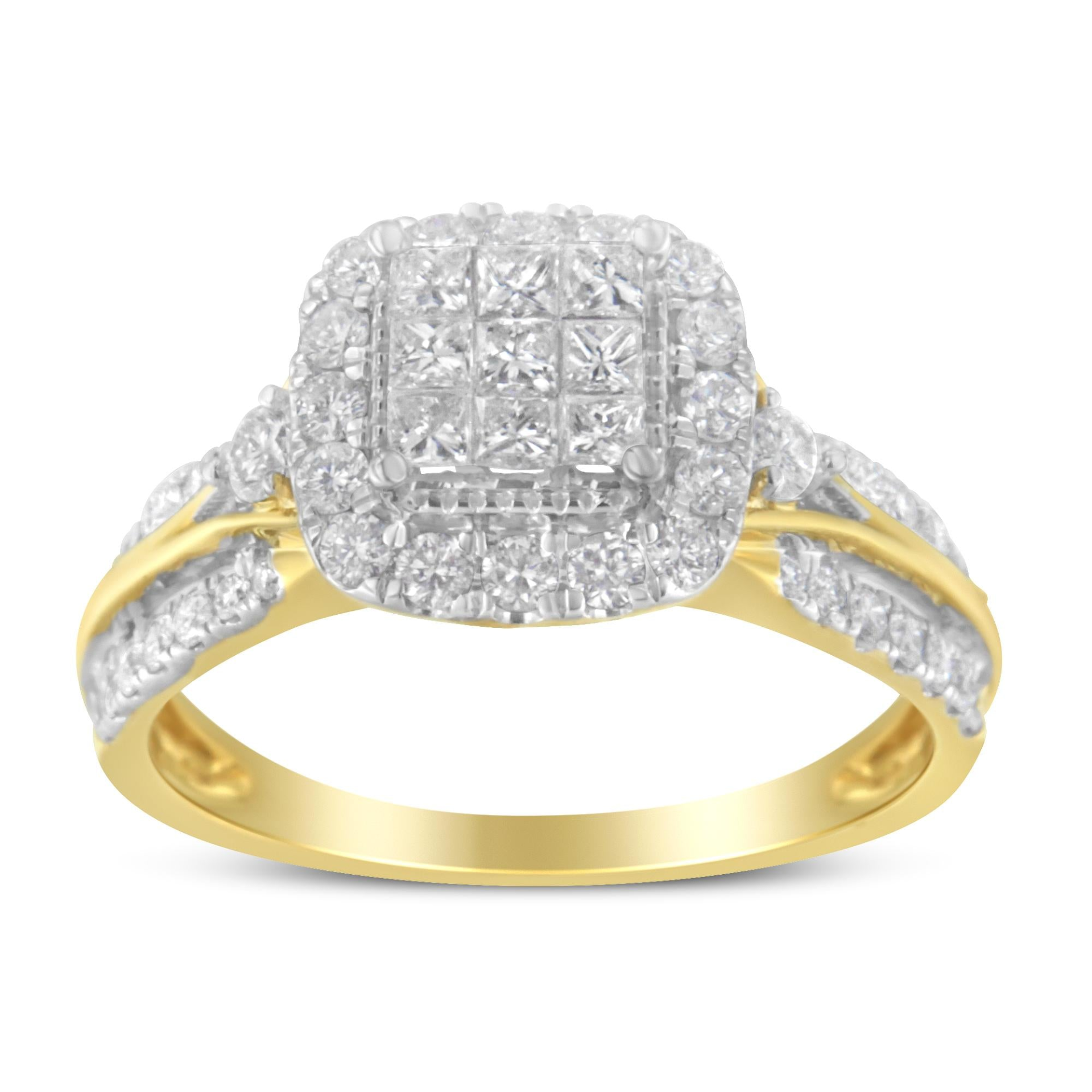 10K Yellow Gold 1.0 Cttw Diamond Composite Cushion-Shape Halo 3-Band-Look Engagement Ring (H-I Color, SI1-SI2 Clarity), Goodies N Stuff