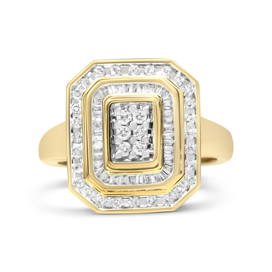 10K Yellow Gold 1.0 Cttw Diamond Vintage Inspired Baguette-Cut Double Halo Emerald-Shaped Frame Cocktail Ring (I-J Color, I1-I2 Clarity), Goodies N Stuff