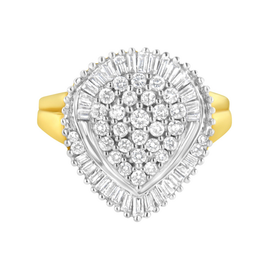 10K Yellow Gold 1.0 Cttw Round and Baguette Cut Diamond Oval Shaped Cluster Ring (I-J Color, I1-I2 Clarity), Goodies N Stuff