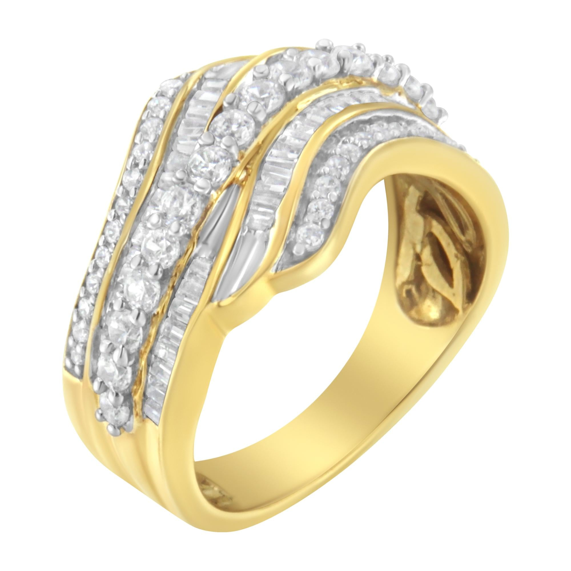 10K Yellow Gold 1.0 Cttw Baguette and Round Diamond Multi-Row Wave Bypass Ring (I-J Color, I1-I2 Clarity), Goodies N Stuff