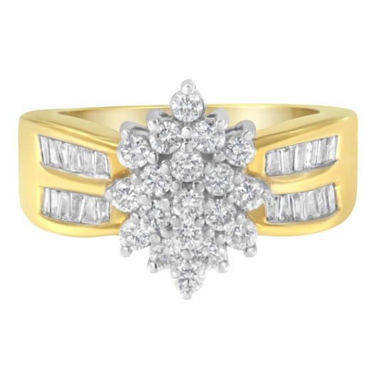 10K Yellow Gold 1.0 Cttw Round & Baguette Cut Diamond Floral Cluster Double-Channel Flared Band Statement Ring (H-I Color, SI2-I1 Clarity), Goodies N Stuff