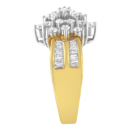 10K Yellow Gold 1.0 Cttw Round & Baguette Cut Diamond Floral Cluster Double-Channel Flared Band Statement Ring (H-I Color, SI2-I1 Clarity), Goodies N Stuff