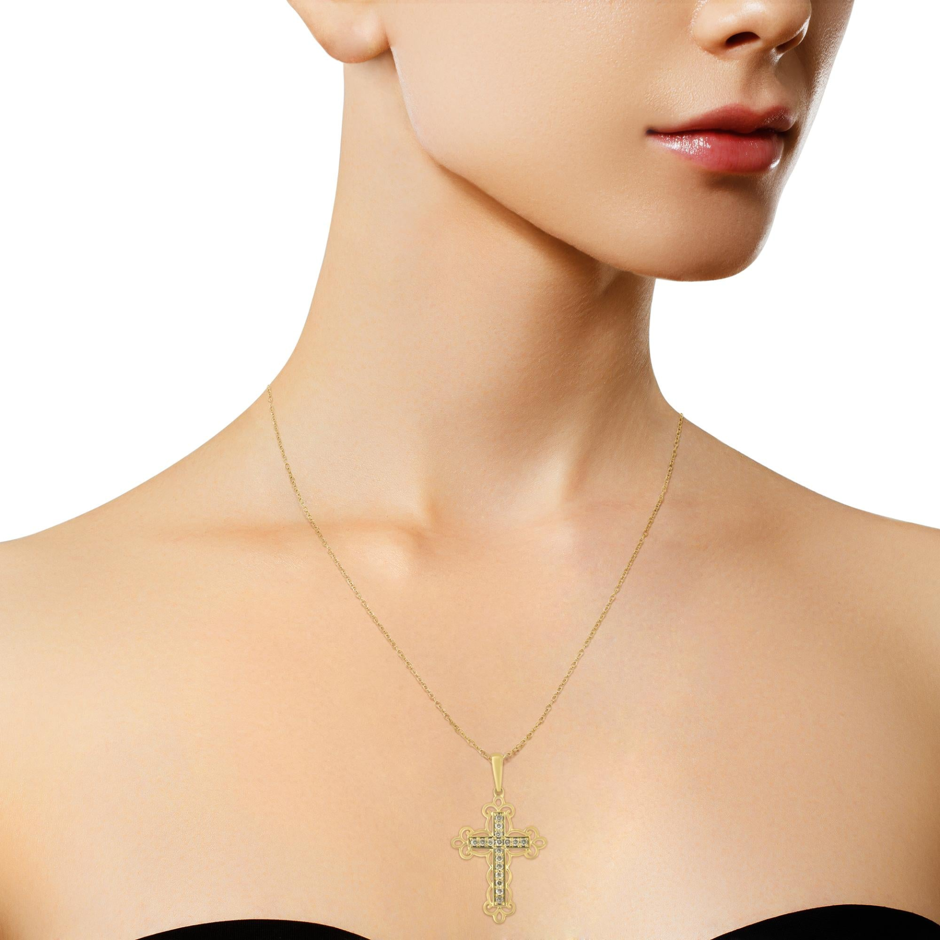 10K Yellow Flashed .925 Sterling Silver 1/4 Cttw Champagne Diamond Filigree Cross Pendant Necklace (K-L Color, I1-I2 Clarity) - 18", Goodies N Stuff