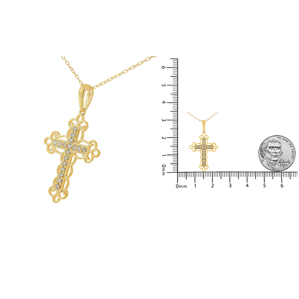 10K Yellow Flashed .925 Sterling Silver 1/4 Cttw Champagne Diamond Filigree Cross Pendant Necklace (K-L Color, I1-I2 Clarity) - 18", Goodies N Stuff