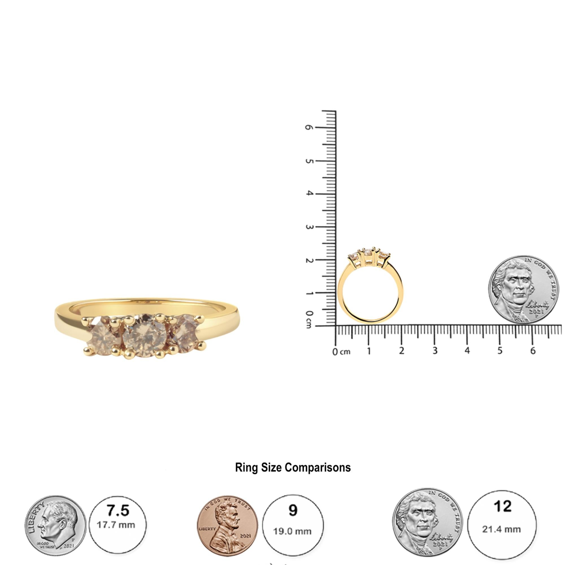 10K Yellow Gold 1.00 Cttw Champagne Diamond 3-Stone Band Ring (J-K Color, I1-I2 Clarity), Goodies N Stuff
