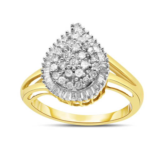 10K Yellow Gold 1/2 Cttw Round and Baguette-Cut Diamond Pear Ring (I-J Color, I1-I2 Clarity), Goodies N Stuff