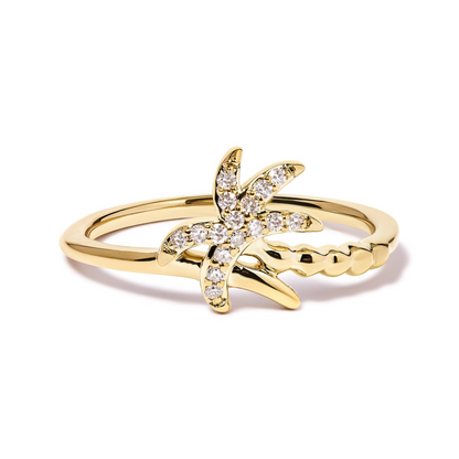 10K Yellow Gold 1/10 Cttw Diamond  Palm Tree Statement Ring (H-I Color, I1-I2 Clarity), Goodies N Stuff