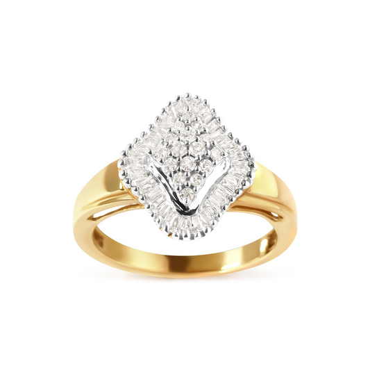 10K Yellow Gold 1/2 Cttw Round And Baguette-cut Diamond Rhombus Head and Halo Ring (I-J Color, I1-I2 Clarity)