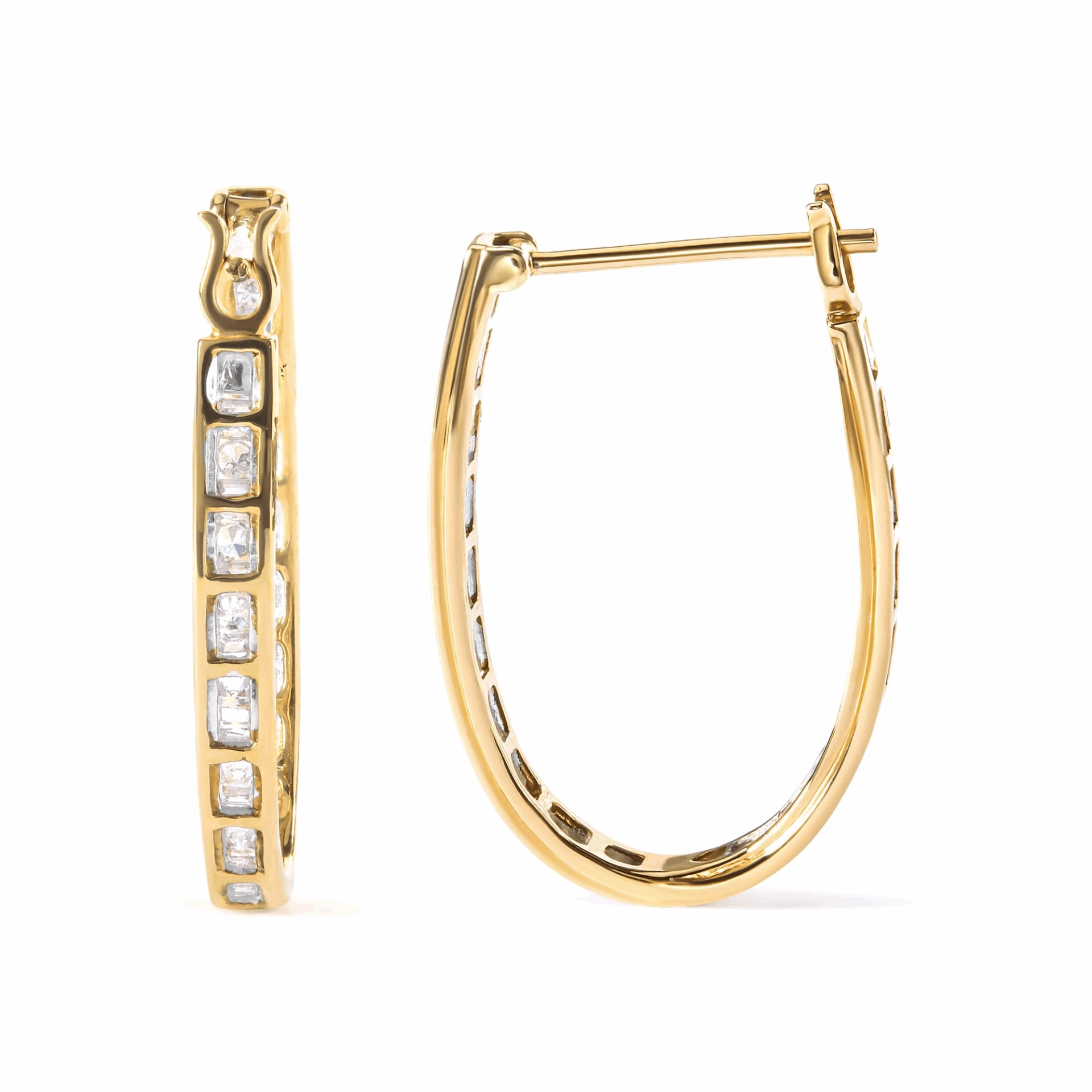 10K Yellow Gold 1.00 Cttw Round and Baguette-Cut Diamond U-Hoop Earrings (H-I Color, SI2-I1 Clarity), Goodies N Stuff