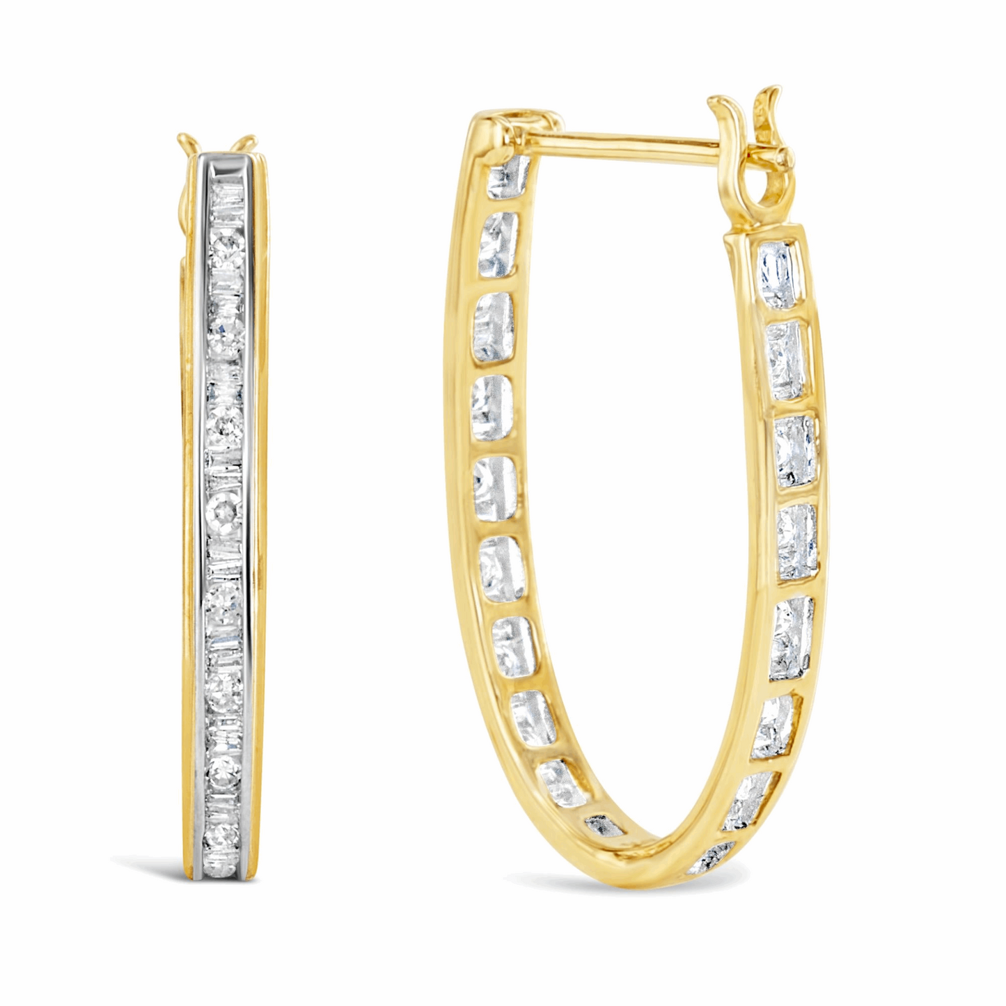 10K Yellow Gold 1.00 Cttw Round and Baguette-Cut Diamond U-Hoop Earrings (H-I Color, SI2-I1 Clarity), Goodies N Stuff