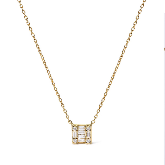 10K Yellow Gold 1/10 Cttw Round and Baguette Diamond Mosaic Composite Square 18" Inch Pendant Necklace (H-I Color, I1-I2 Clarity)