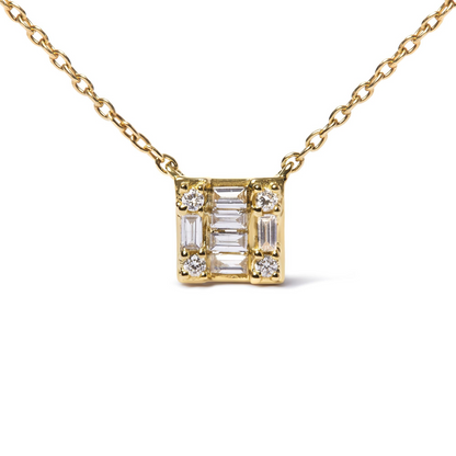 10K Yellow Gold 1/10 Cttw Round and Baguette Diamond Mosaic Composite Square 18" Inch Pendant Necklace (H-I Color, I1-I2 Clarity)