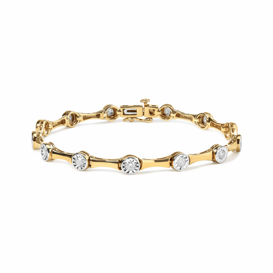 10K Yellow Gold Plated .925 Sterling Silver 1.0 Cttw Miracle Set Diamond Bezel Style Station Link Bracelet (H-I Color, I3 Clarity) - Size 7", Goodies N Stuff