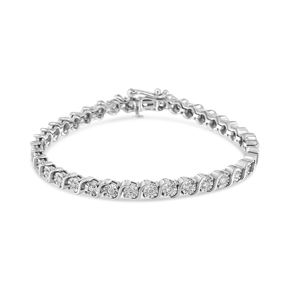 14K White Gold 1.00 Cttw Lab Grown Diamond Round Miracle Plate and "S" Link Tennis Bracelet (F-G Color, VS2-SI1 Clarity) Size 7", Goodies N Stuff