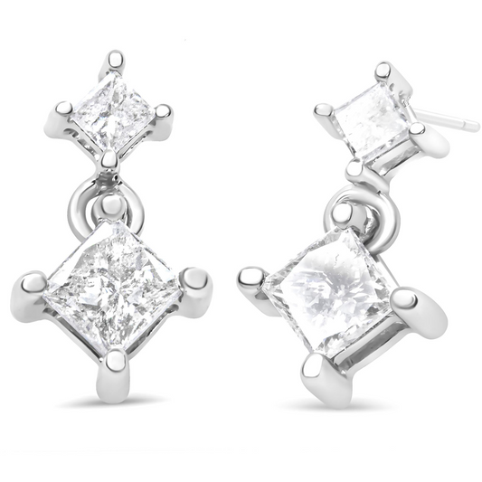 14K White Gold 1.0 Cttw Princess-Cut Double Diamond Drop Stud Earrings for Women, Goodies N Stuff