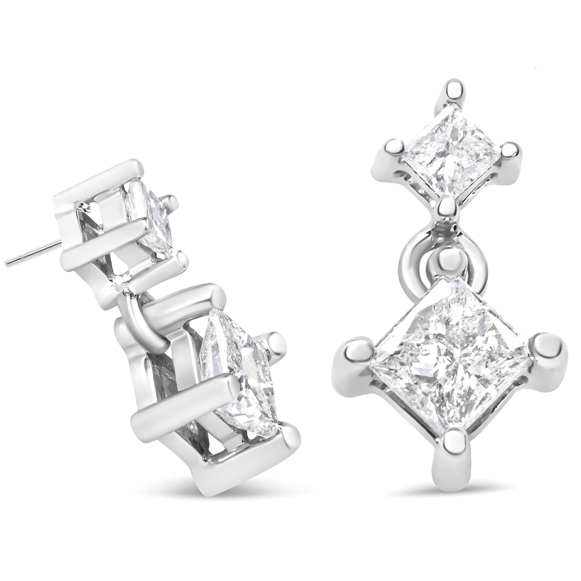 14K White Gold 1.0 Cttw Princess-Cut Double Diamond Drop Stud Earrings for Women, Goodies N Stuff