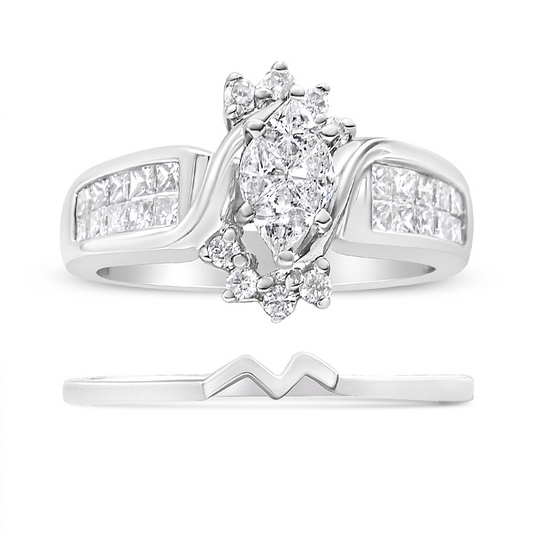 14K White Gold Marquise Shape Solitaire Diamond Engagement Ring Set for Women, Goodies N Stuff