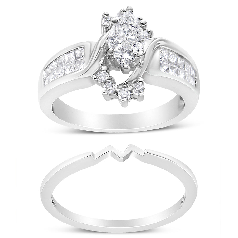 14K White Gold Marquise Shape Solitaire Diamond Engagement Ring Set for Women, Goodies N Stuff