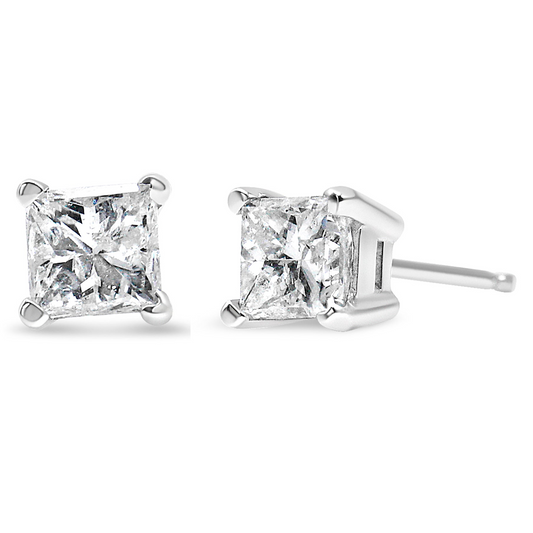 AGS Certified Princess-Cut Square Diamond 4-Prong Solitaire Stud Earrings in 14K Gold (J-K Color, I1-I2 Clarity), Goodies N Stuff