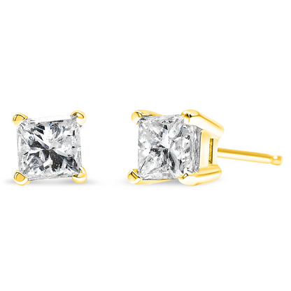 AGS Certified Princess-Cut Square Diamond 4-Prong Solitaire Stud Earrings in 14K Gold (J-K Color, I1-I2 Clarity), Goodies N Stuff