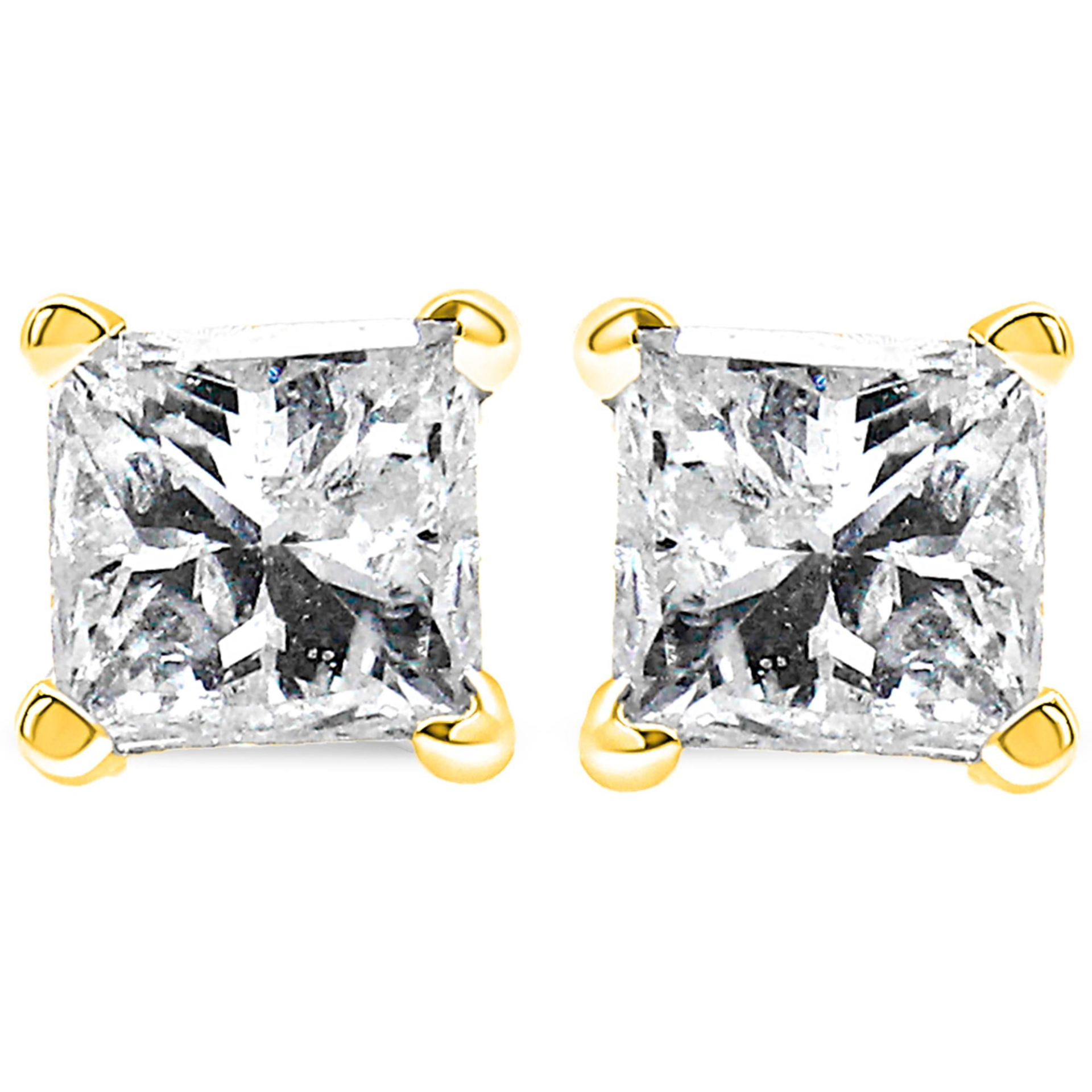 AGS Certified Princess-Cut Square Diamond 4-Prong Solitaire Stud Earrings in 14K Gold (J-K Color, I1-I2 Clarity), Goodies N Stuff