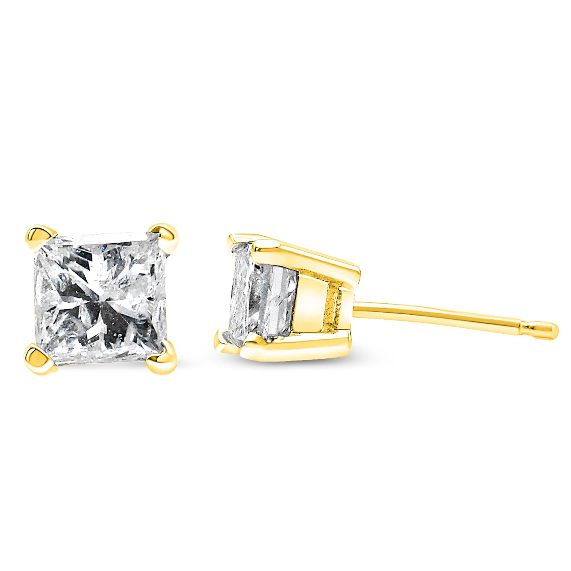 AGS Certified Princess-Cut Square Diamond 4-Prong Solitaire Stud Earrings in 14K Gold (J-K Color, I1-I2 Clarity), Goodies N Stuff