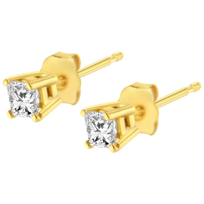 AGS Certified Princess-Cut Square Diamond 4-Prong Solitaire Stud Earrings in 14K Gold (J-K Color, I1-I2 Clarity), Goodies N Stuff