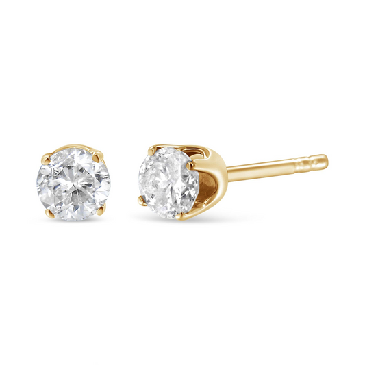 AGS Certified 1/2 Cttw Round Brilliant-Cut Diamond 14K Yellow Gold Classic 4-Prong Solitaire Stud Earrings (J-K Color, I1-I2 Clarity), Goodies N Stuff