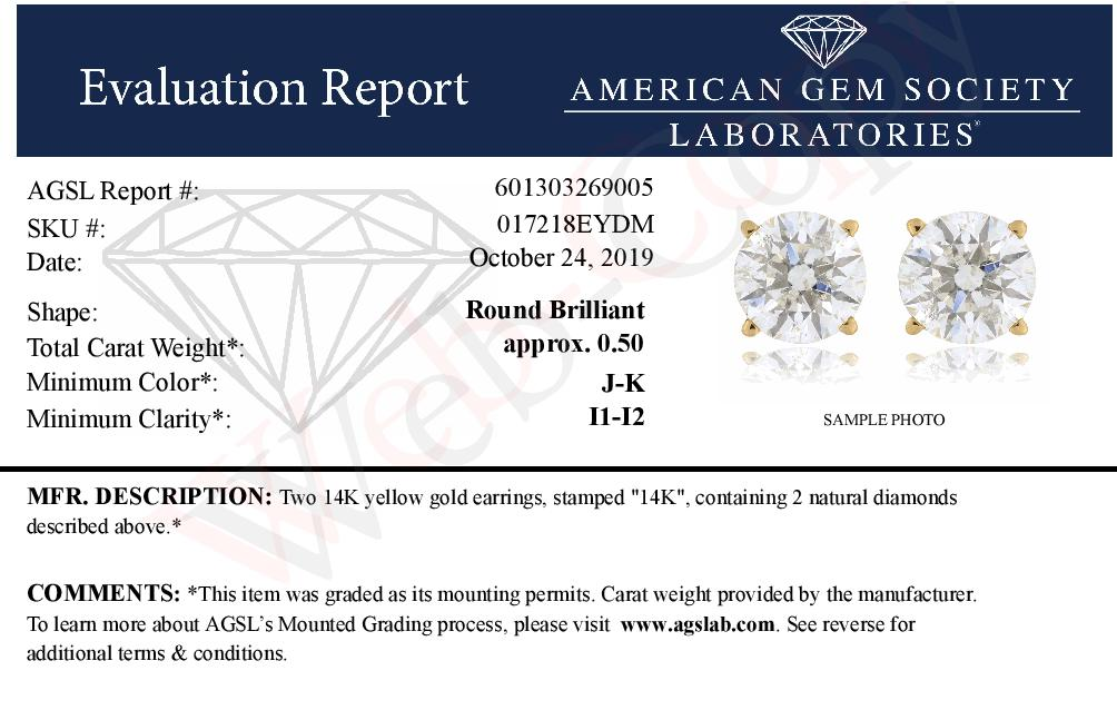 AGS Certified 1/2 Cttw Round Brilliant-Cut Diamond 14K Yellow Gold Classic 4-Prong Solitaire Stud Earrings (J-K Color, I1-I2 Clarity), Goodies N Stuff