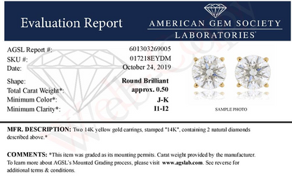 AGS Certified 1/2 Cttw Round Brilliant-Cut Diamond 14K Yellow Gold Classic 4-Prong Solitaire Stud Earrings (J-K Color, I1-I2 Clarity), Goodies N Stuff