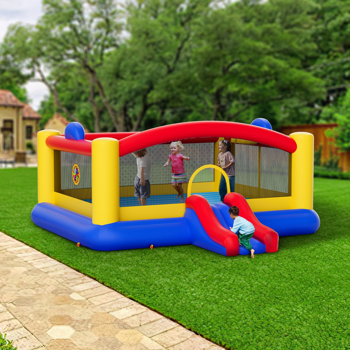 VEVOR Inflatable Bounce House | Outdoor High Quality Playhouse Trampoline with Slide and Blower | Family Backyard Bouncy Castle for Kids Ages 3-10 | 177x173x80 inch, Goodies N Stuff
