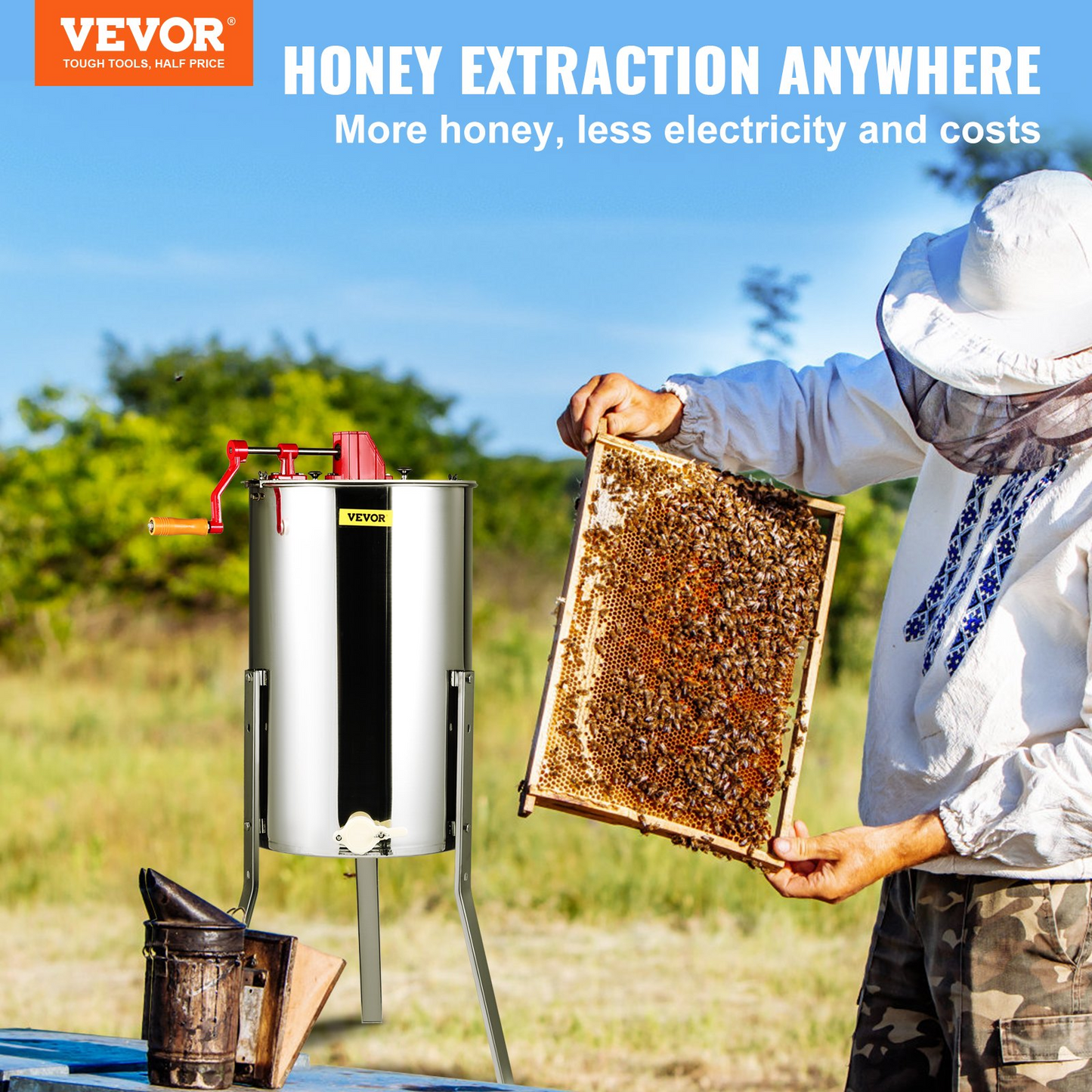 VEVOR Manual Honey Extractor, 2/4 Frames Honey Spinner Extractor, Stainless Steel Beekeeping Extraction, Honeycomb Drum Spinner with Lid, Apiary Centrifuge Equipment with Height Adjustable Stand, Goodies N Stuff