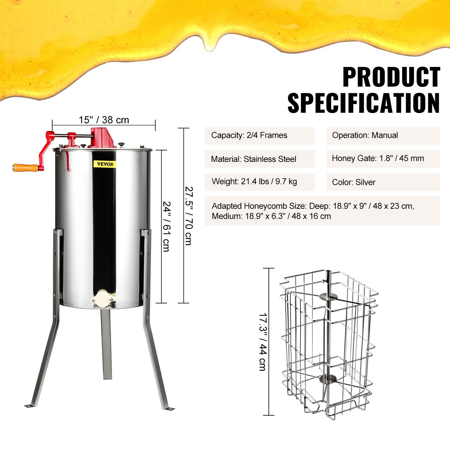 VEVOR Manual Honey Extractor, 2/4 Frames Honey Spinner Extractor, Stainless Steel Beekeeping Extraction, Honeycomb Drum Spinner with Lid, Apiary Centrifuge Equipment with Height Adjustable Stand, Goodies N Stuff