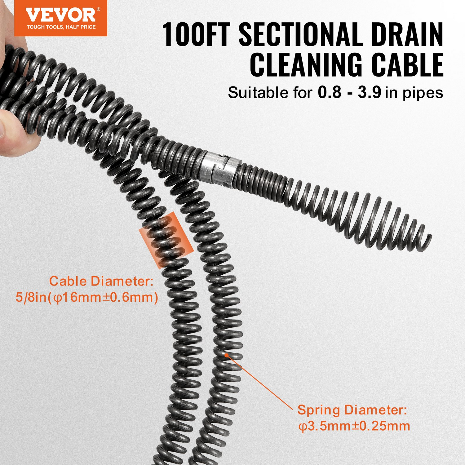 VEVOR Drain Cleaning Cable 100 FT x 5/8 Inch, Professional Sectional Drain Cleaner Cable with 7 Cutters for 0.8" to 3.9" Pipes, Hollow Core Sewer Drain Auger Cable for Sink, Floor Drain, Toilet, Goodies N Stuff