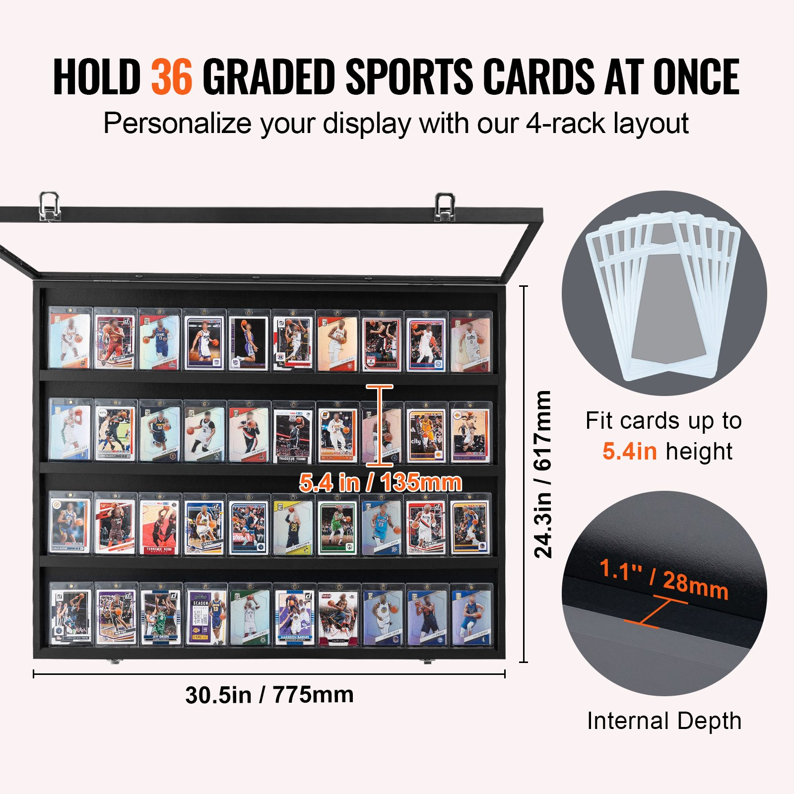 VEVOR 36 Graded Sports Card Display Case, 30.5x24.3x2.1 in, Baseball Card Display Frame with 98% UV Protection Clear View PC Glass, Lockable Wall Cabinet for Football Basketball Hockey Trading Card, Goodies N Stuff