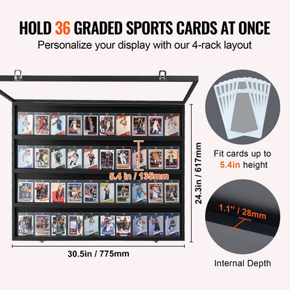VEVOR 36 Graded Sports Card Display Case, 30.5x24.3x2.1 in, Baseball Card Display Frame with 98% UV Protection Clear View PC Glass, Lockable Wall Cabinet for Football Basketball Hockey Trading Card, Goodies N Stuff