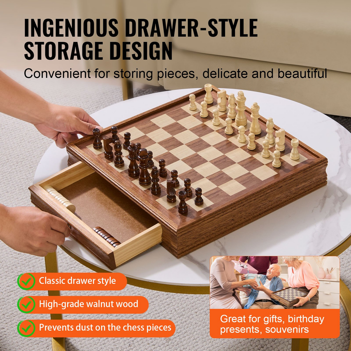 VEVOR Solid Wood Chess Set, 15 inch 2-IN-1 Chess Checkers Game Set, Goodies N Stuff