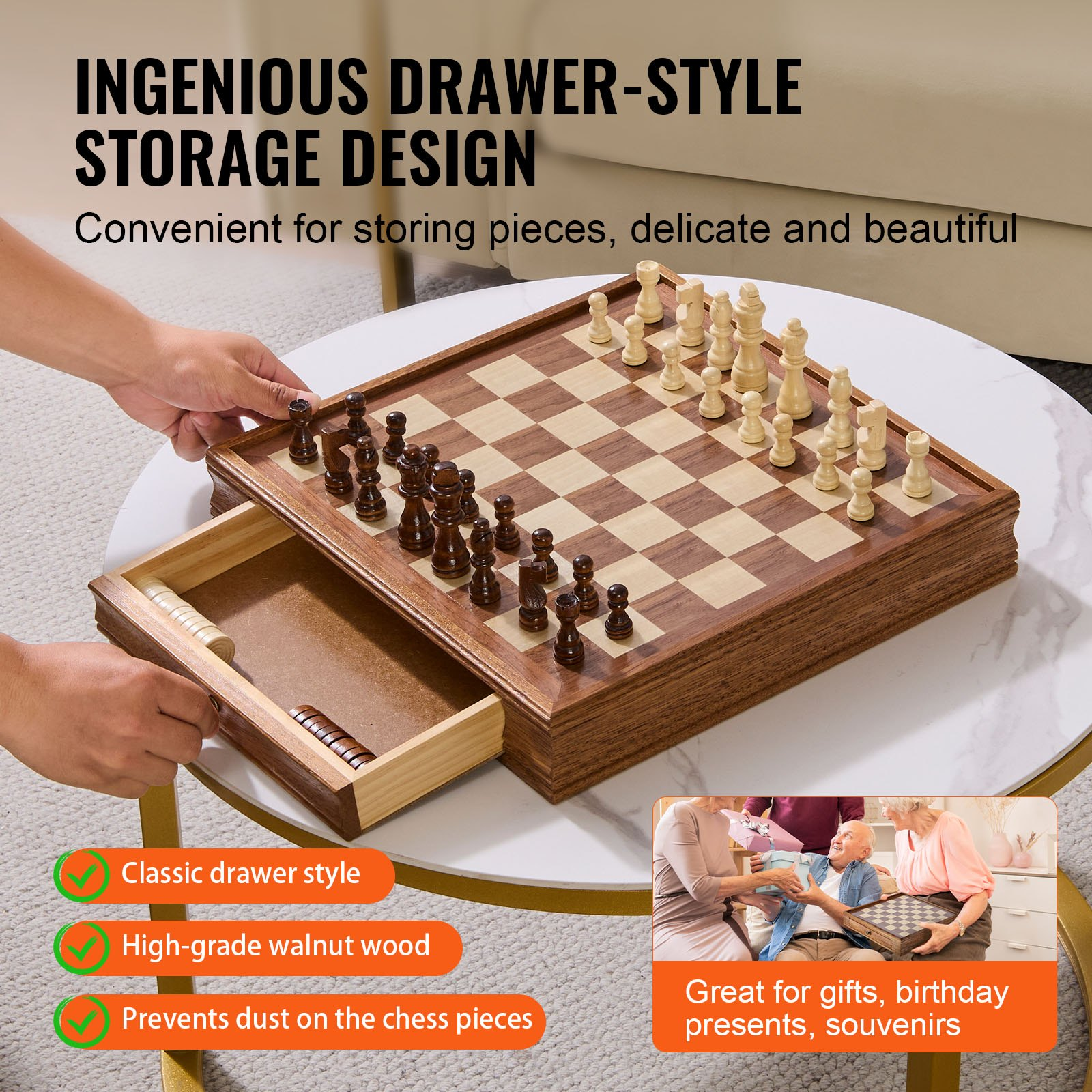 VEVOR Solid Wood Chess Set, 15 inch 2-IN-1 Chess Checkers Game Set, Goodies N Stuff