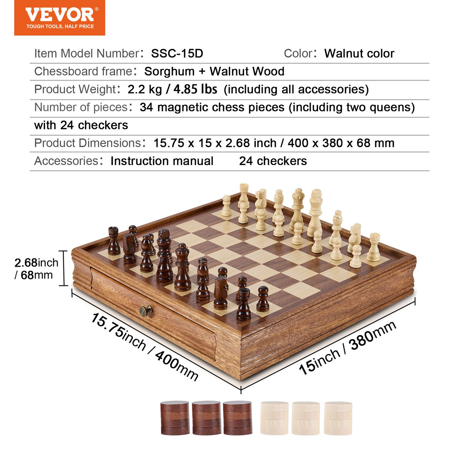 VEVOR Solid Wood Chess Set, 15 inch 2-IN-1 Chess Checkers Game Set, Goodies N Stuff