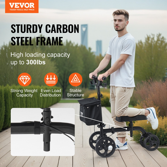 VEVOR Folding Knee Scooter, Carbon Steel Steerable Knee Walker with Height-Adjustable Handlebar & Knee Pad, All-Terrain Solid Wheels, Dual Brakes, Leg Recovery Scooter for Broken Ankle Foot Injuries, Goodies N Stuff