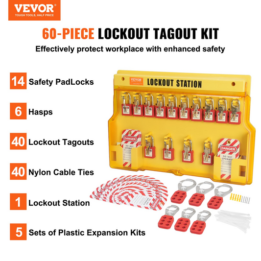 VEVOR Electrical Lockout Tagout Kit, 60 PCS Safety Lockout Tagout Station Includes Padlocks, Hasps, Tags, Nylon Ties, Expansion Kit, and Lockout Station Board, for Industrial, Electric Power, Goodies N Stuff