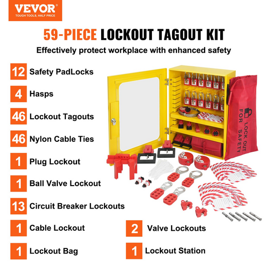 VEVOR Electrical Lockout Tagout Kit, 59 PCS Safety Lockout Tagout Station With Padlocks, Hasps, Tags, Ties, Plug Lockout, Circuit Breaker Lockouts, Valve Lockouts, Cable Lockout, Lockout Bag, Box, Goodies N Stuff