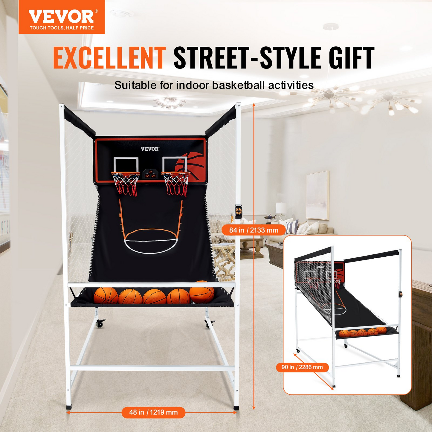 VEVOR Arcade Cage Basketball Game, 2 Player Indoor Basketball Game, Home Dual Shot Sport with 5 Balls, 8 Game Modes, Electronic Scoreboard, and Inflation Pump, for Kids, Adults (Black & White), Goodies N Stuff