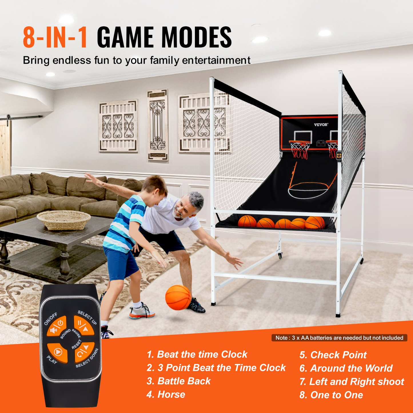 VEVOR Arcade Cage Basketball Game, 2 Player Indoor Basketball Game, Home Dual Shot Sport with 5 Balls, 8 Game Modes, Electronic Scoreboard, and Inflation Pump, for Kids, Adults (Black & White), Goodies N Stuff