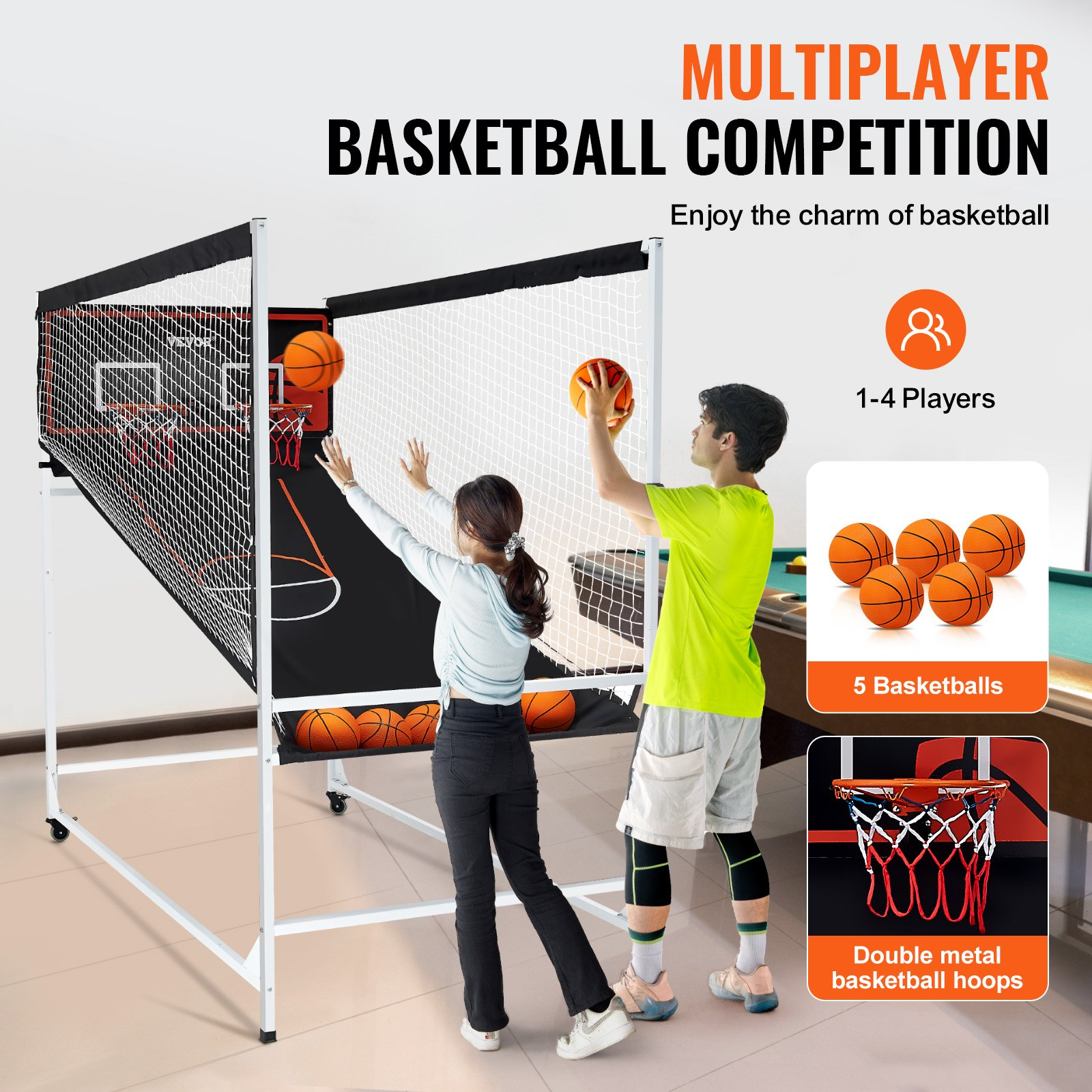 VEVOR Arcade Cage Basketball Game, 2 Player Indoor Basketball Game, Home Dual Shot Sport with 5 Balls, 8 Game Modes, Electronic Scoreboard, and Inflation Pump, for Kids, Adults (Black & White), Goodies N Stuff