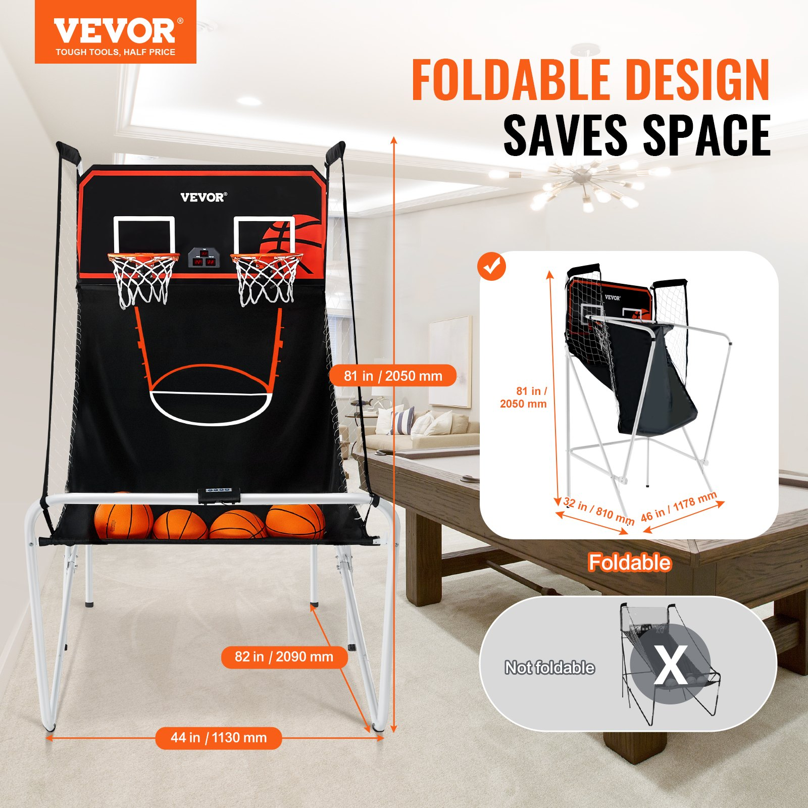 VEVOR Foldable Basketball Arcade Game, 2 Player Indoor Basketball Game, Home Dual Shot Sport with 4 Balls, 8 Game Modes, Electronic Scoreboard, and Inflation Pump, for Kids, Adults (Black & White), Goodies N Stuff