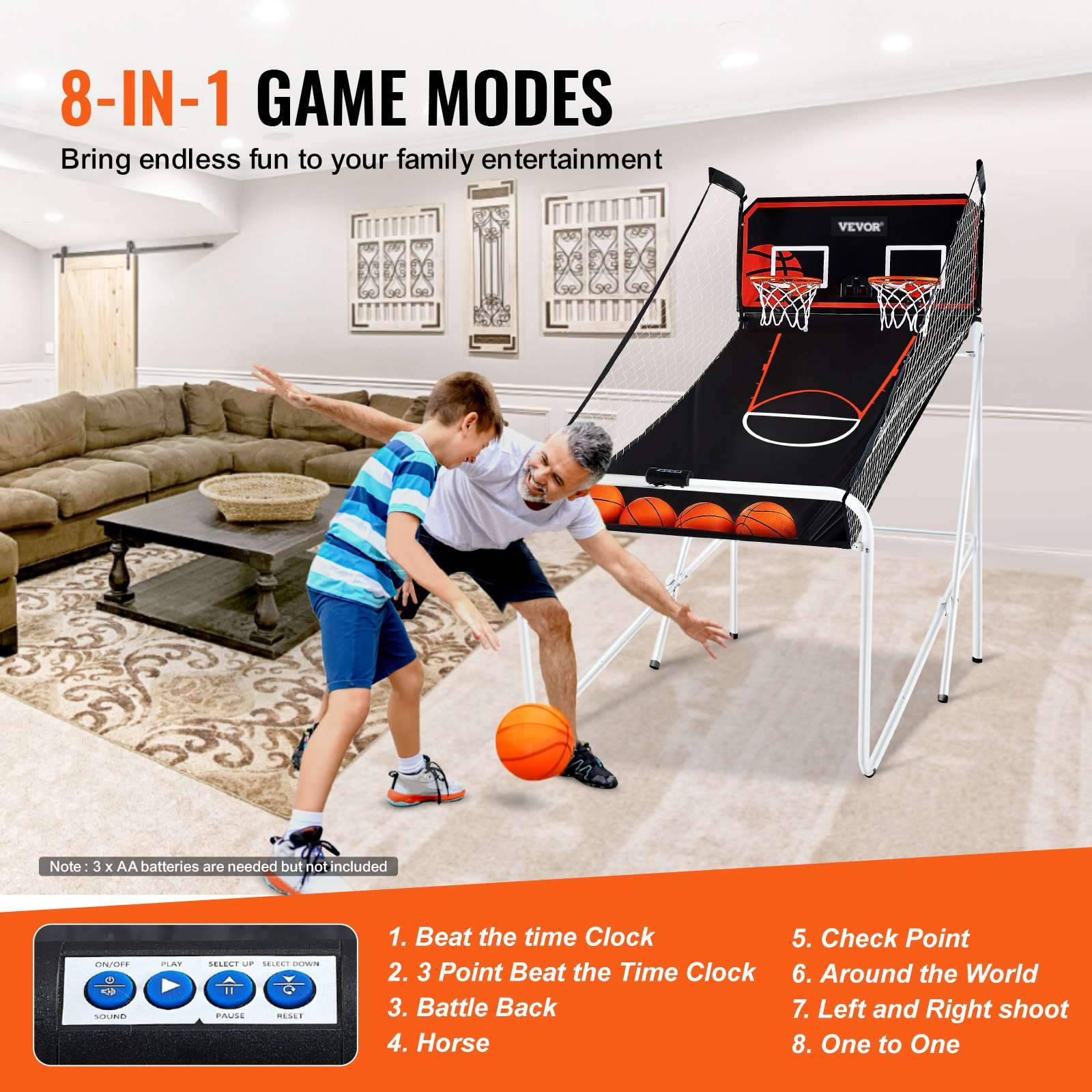 VEVOR Foldable Basketball Arcade Game, 2 Player Indoor Basketball Game, Home Dual Shot Sport with 4 Balls, 8 Game Modes, Electronic Scoreboard, and Inflation Pump, for Kids, Adults (Black & White), Goodies N Stuff