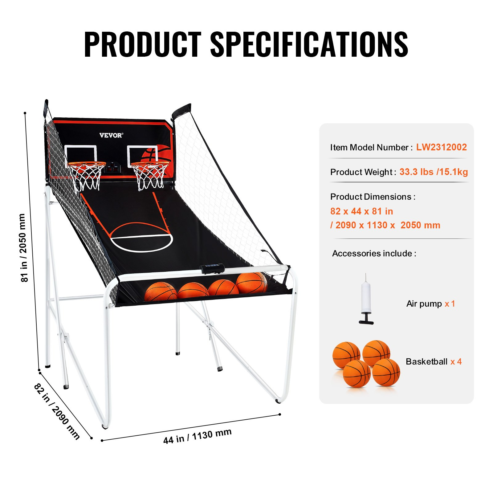 VEVOR Foldable Basketball Arcade Game, 2 Player Indoor Basketball Game, Home Dual Shot Sport with 4 Balls, 8 Game Modes, Electronic Scoreboard, and Inflation Pump, for Kids, Adults (Black & White), Goodies N Stuff